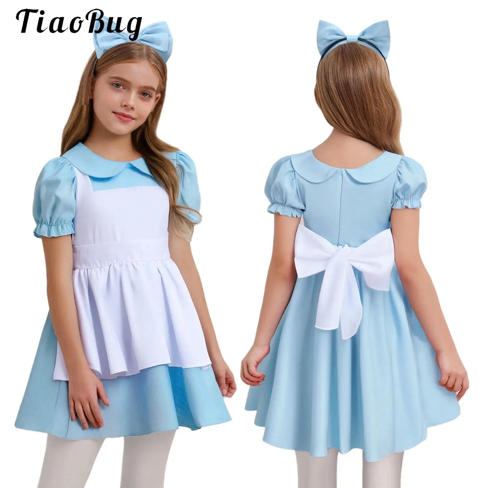 

Kid Girl Halloween Wonderland Cosplay Costume Blue Short Puff Sleeves Princess Fancy Dress Up Carnival Party Maid Dress+Headwear