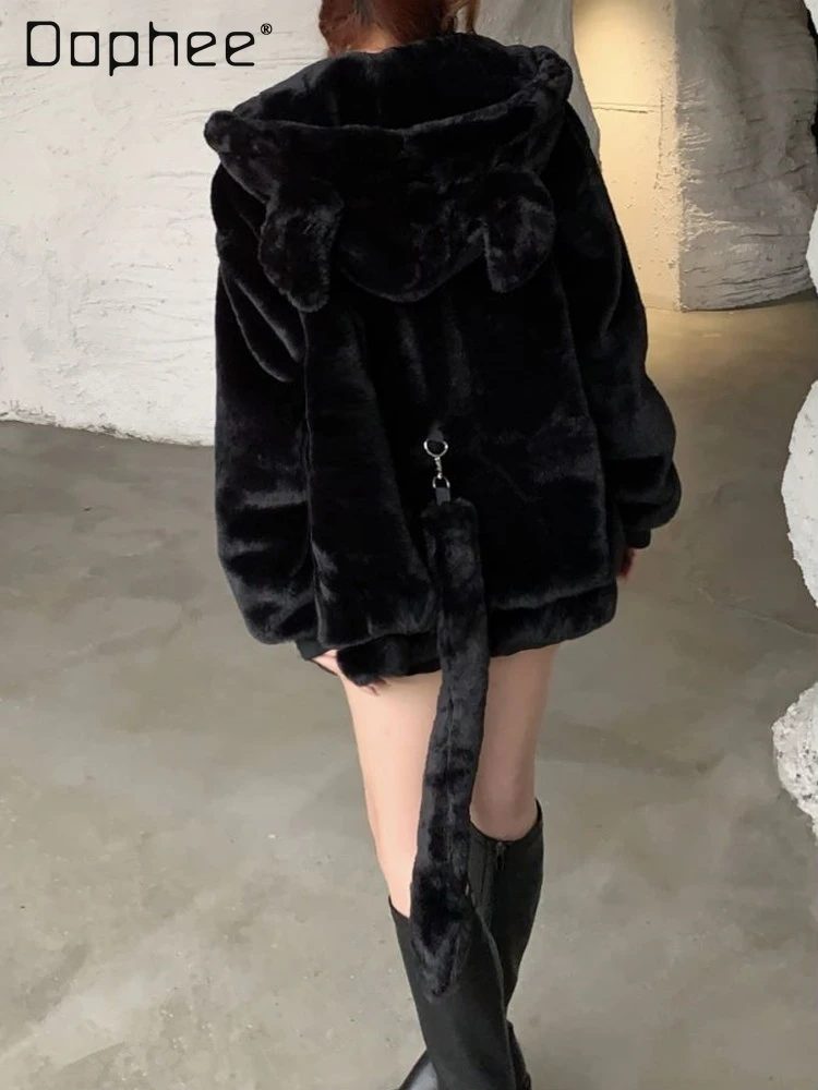 Original Cute Ear Plush Coat for Women 2025 Autumn Winter New Black Thickened Cute College Style Kawaii Loose Warm Faux Fur Coat