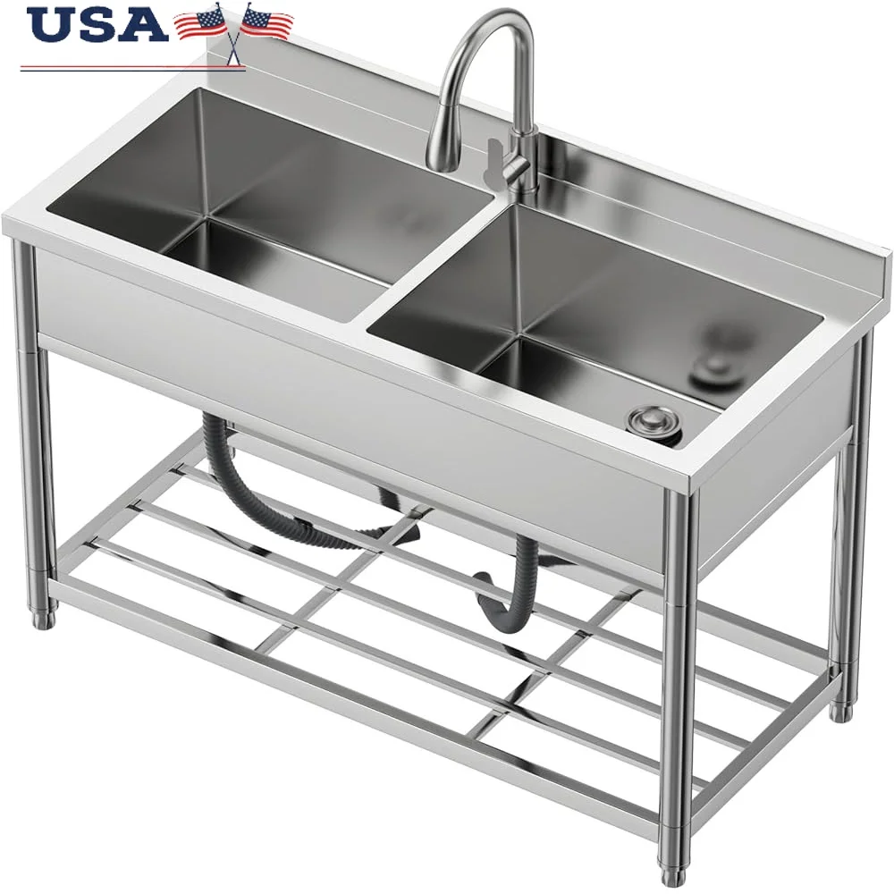 

Stainless Steel Commercial Sink 2 Compartment Utility Sink with Pull Out Faucet Freestanding Double Bowl Kitchen Sink Heavy Duty