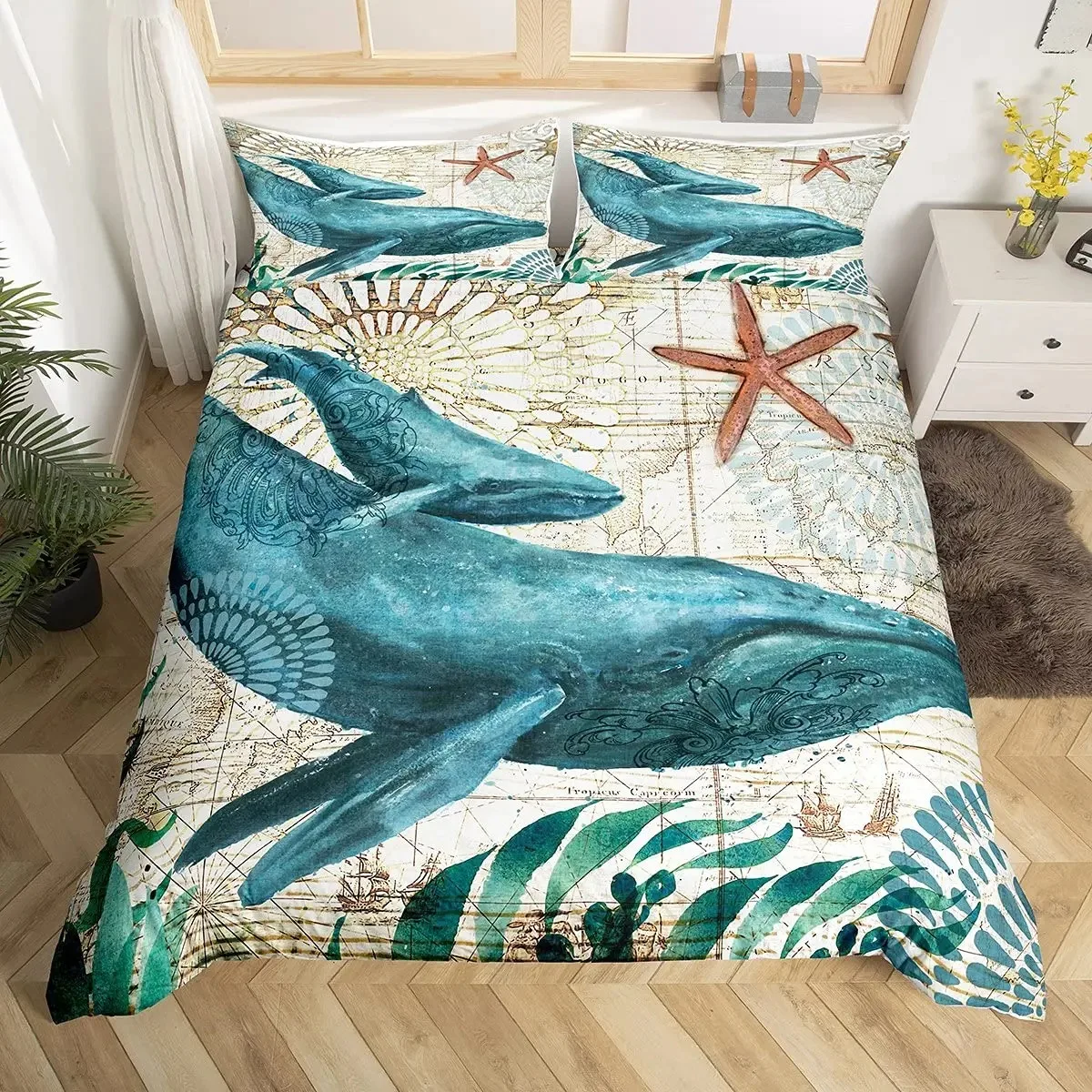 Sea Turtle Duvet Cover Set Full Size,octopus Seahorse Whale Bedding Set Teal Ocean Themed Mediterranean Style Beach Quilt Cover