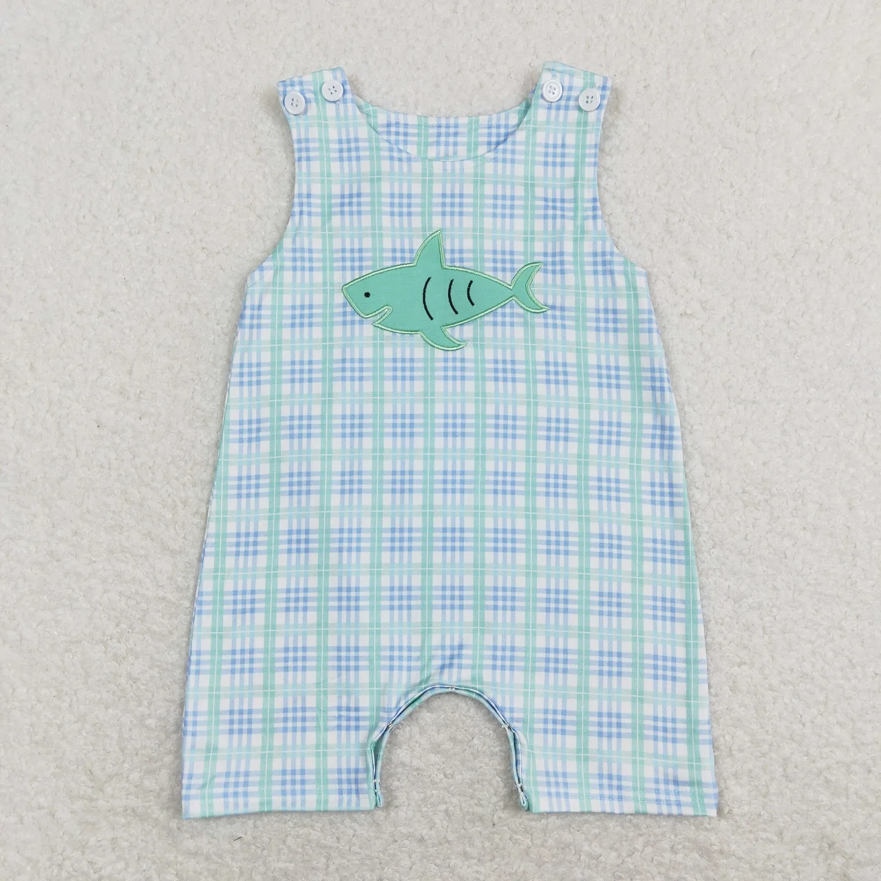 Wholesale Toddler Baby Boy Sleeveless Embroidery Fishing Romper Newborn Summer Plaid Blue One-piece Kids Children Clothing