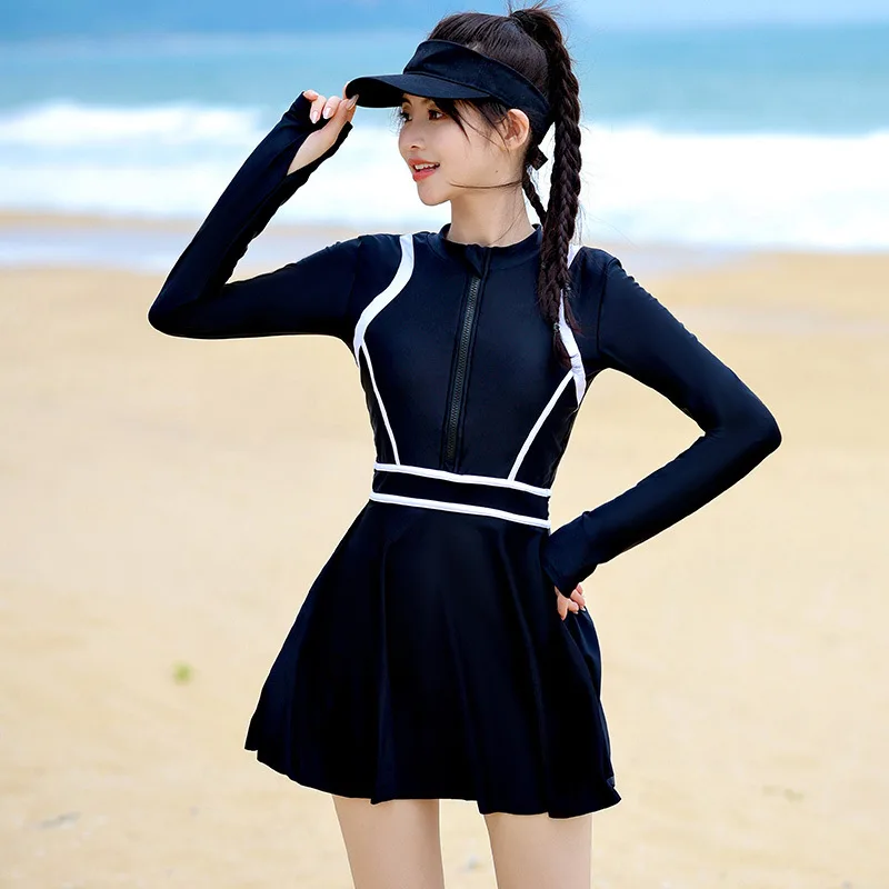 Women Long Sleeve Front Zipper Water Sports Beach Surfing SwimSuit One Piece Quick-Drying Push Up Swim Skirts Bathing Wear