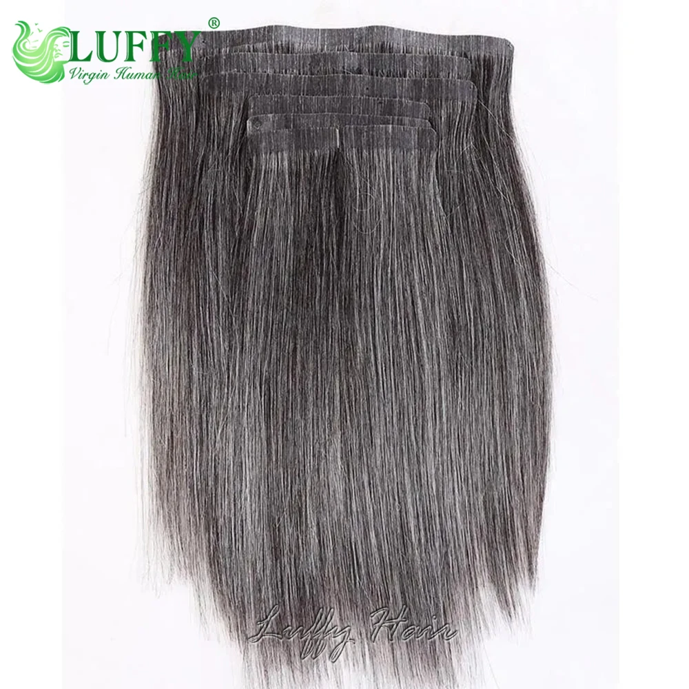 Salt Pepper Seamless PU Clip In Hair Extensions Straight Human Hair Skin Weft Grey Hair Color Clip Ins Human Hair For Women