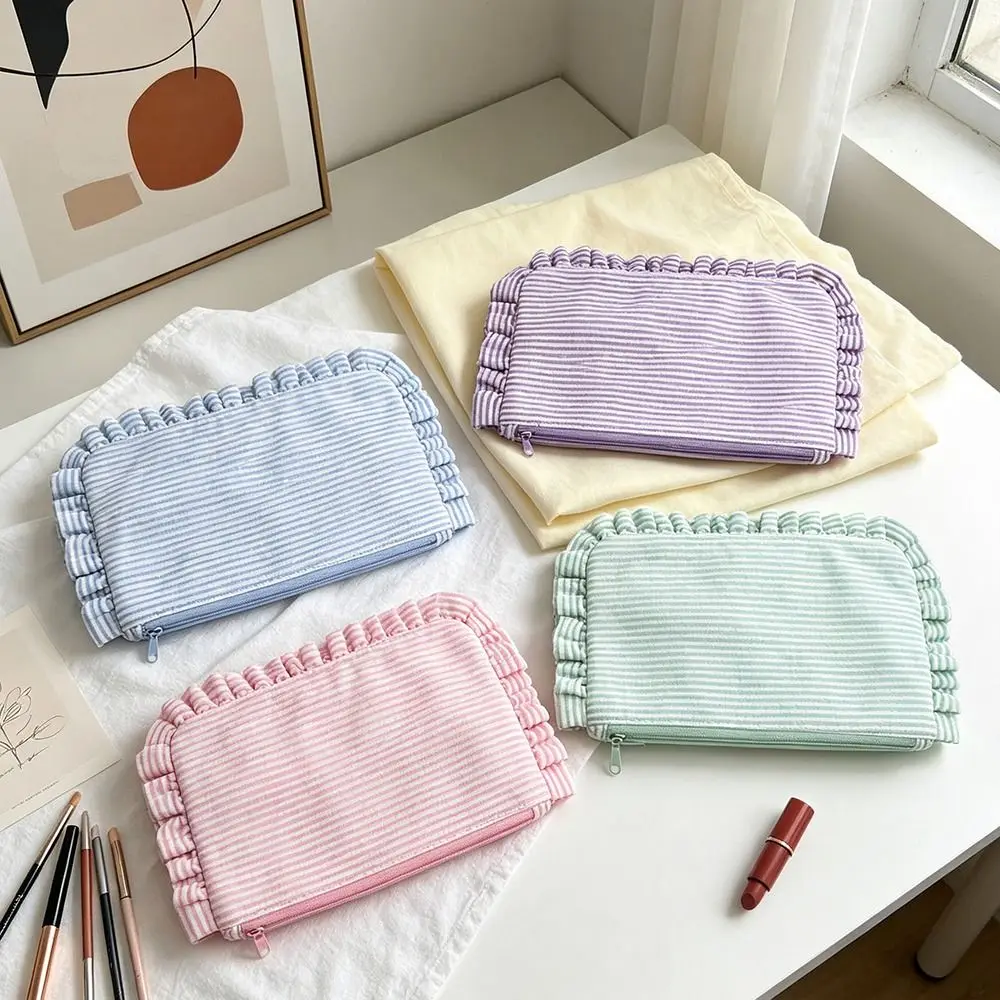 Durable Ruffle Striped Makeup Bag Large Capacity Portable Cosmetic Pouch Toiletry Bag Gift