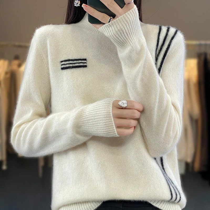 

Fashion 100% Merino Wool Autumn Winter Solid Color Sweater Half-turtleneck Pullover Cashmere Long Sleeves Classic Clothing Top