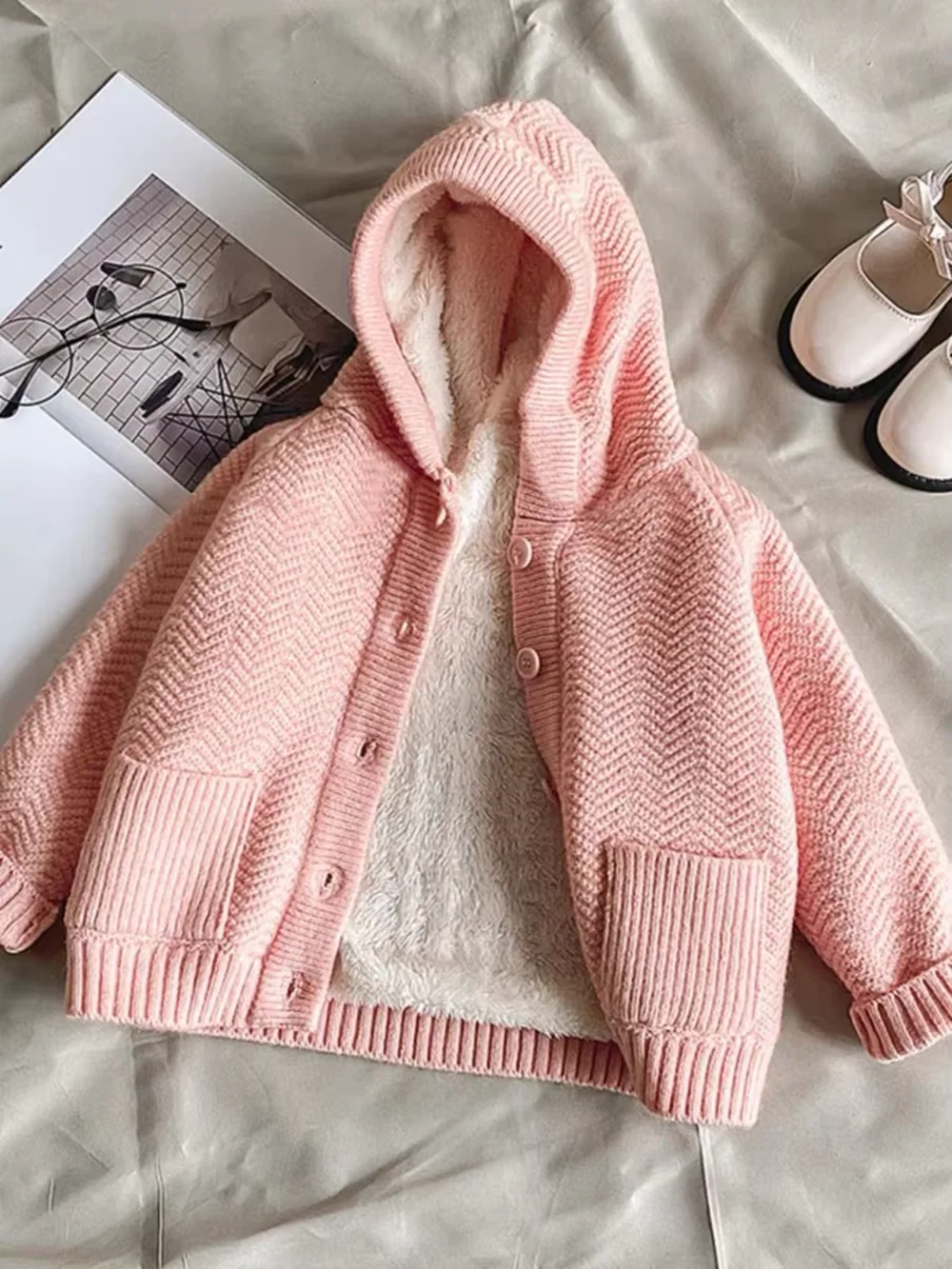 Autumn Winter Kids Fleece Lined Hooded Cardigan Boys Girls Thick Warm Knitted Coat Toddler Baby Outerwear Children Clothing 1-7Y
