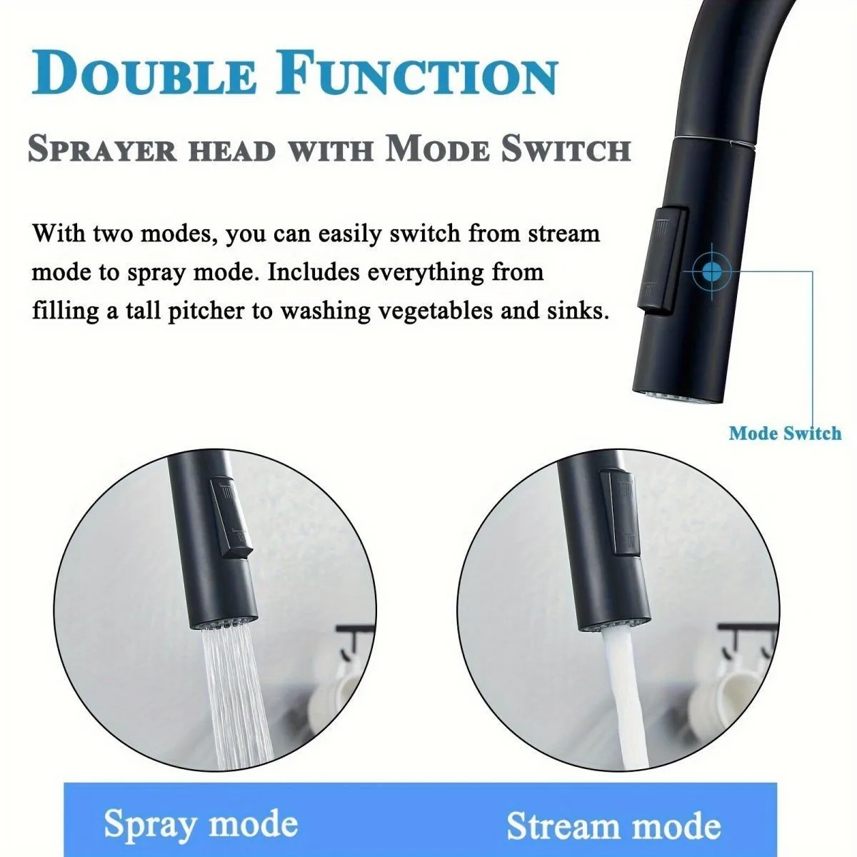 Black Kitchen Faucet Two Function Single Handle Pull Out Mixer Hot and Cold Water Taps Deck Mounted