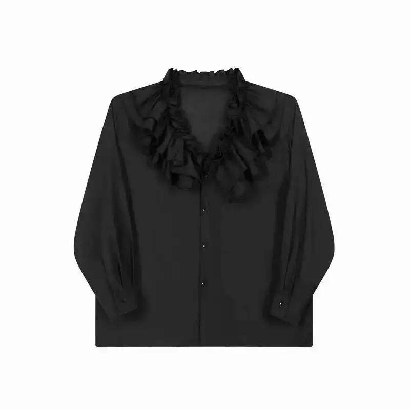 LUZHEN Long Design New Edge Shirts Casual Ruffle Original Sleeved Trendy Niche Plain Versatile Bottom Shirt New Spring JY7734