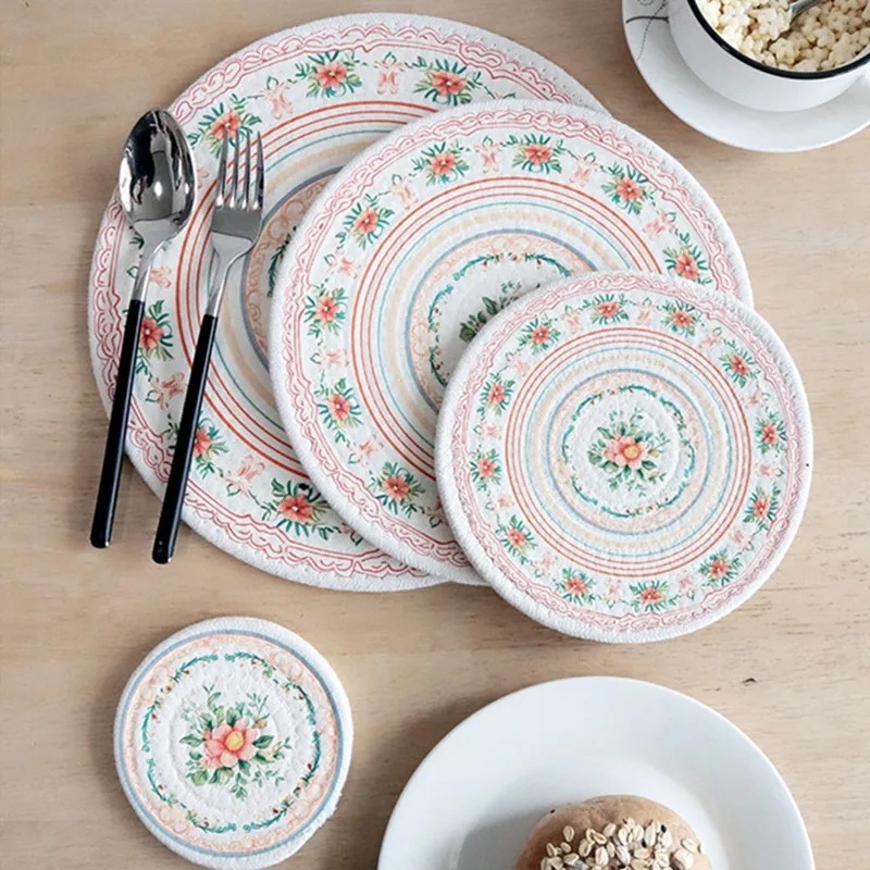 

1Pc British Style Flower Printed Round Cotton Woven Insulation Pad Table Plate Mat Dinner Placemat Dish Cup Coaster