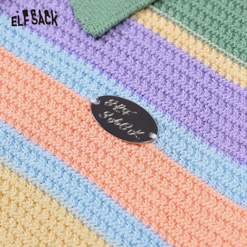 ELFSACK 2024 Summer Polo Neck Rainbow Stripe Short Sleeve Pattern Knitted Shirt for Women