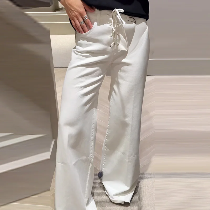 HXAO 2025 pantalons pour femmes pantalon blanc jean femmes nœud à lacets taille moyenne pantalon évasé Chic élégant Denim tenue de bureau femmes pantalon