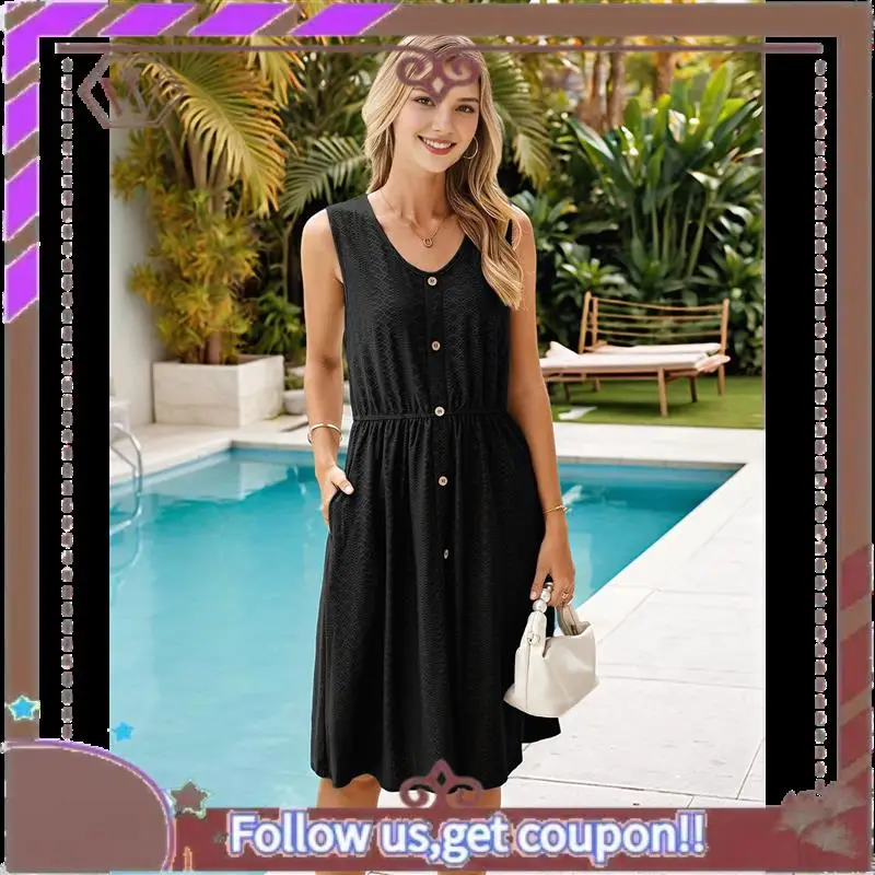 A95D-Womens Sleeveless Sundress Summer Casual Eyelet Button Down Short Dress Flowy Beach Tank Mini Dress With Pocket