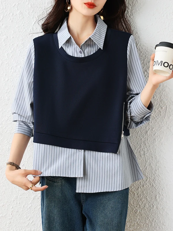 Authentic 2026 Autumn New Women's Shirt Elegantly Tailored Striped Loose Fit Comfortable Breathable Long Sleeve Polyester Fiber