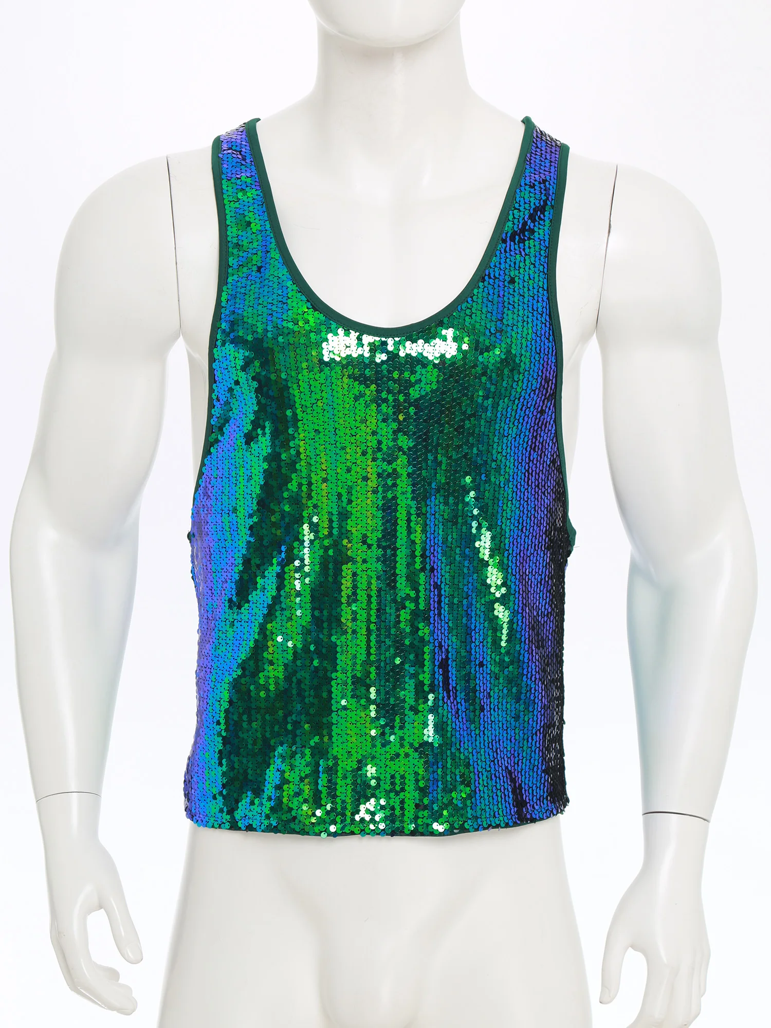 Mens Glitter Sequin Disco Club Vest Tank Top Low Crew Neck Smooth Lining Waistcoat Shiny Bodybuilding Top Dancing Party Costume