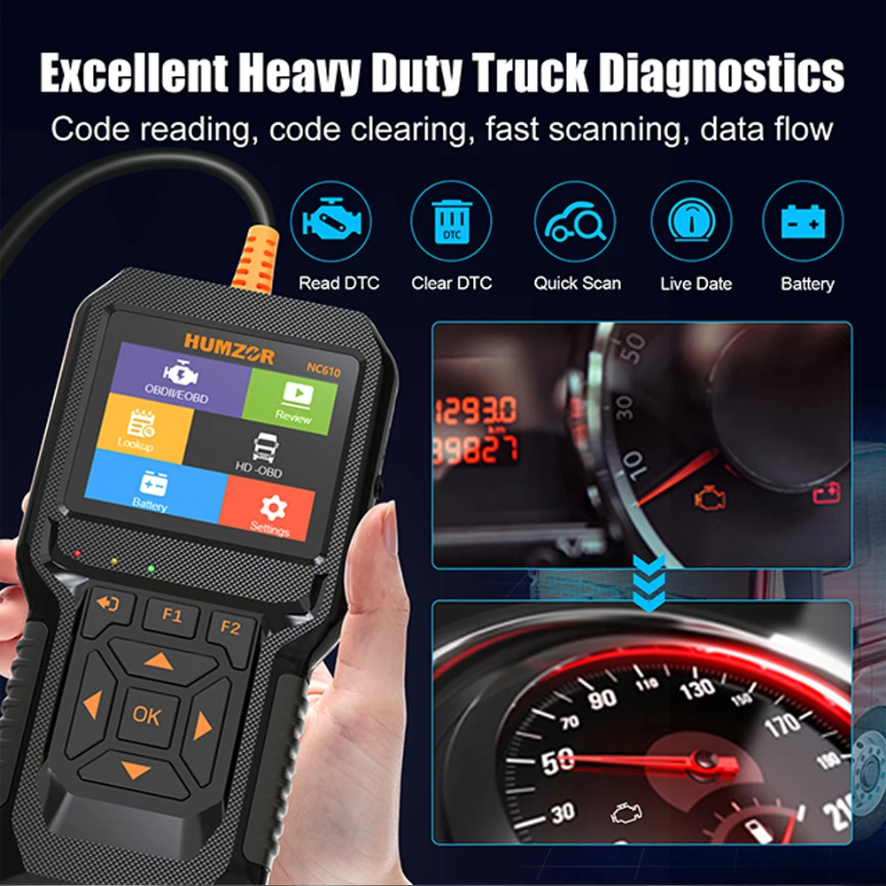 Code Reader 12V/24V OBD2 Car Diagnostic Heavy Duty Truck Scanner For HUMZOR NC610 Diesel Gasoline Engine Battery Test  J1939 F1