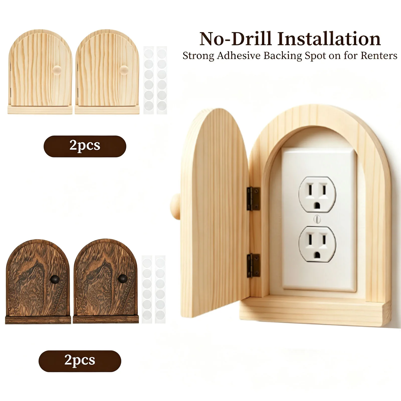 2Pcs Fairy Door Outlet Covers Wood Door Shape Romantic No Drilling Outlet Cover Plates Children and Pet Decor Wall Outlet Covers