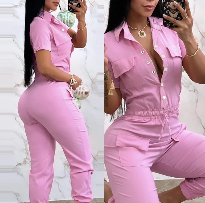 

Women's Jumpsuit 2024 Spring Summer Latest Turn Down Collar Short Sleeve Pocket Cuffed Cargo Bodysuit Button Drawstring Romper