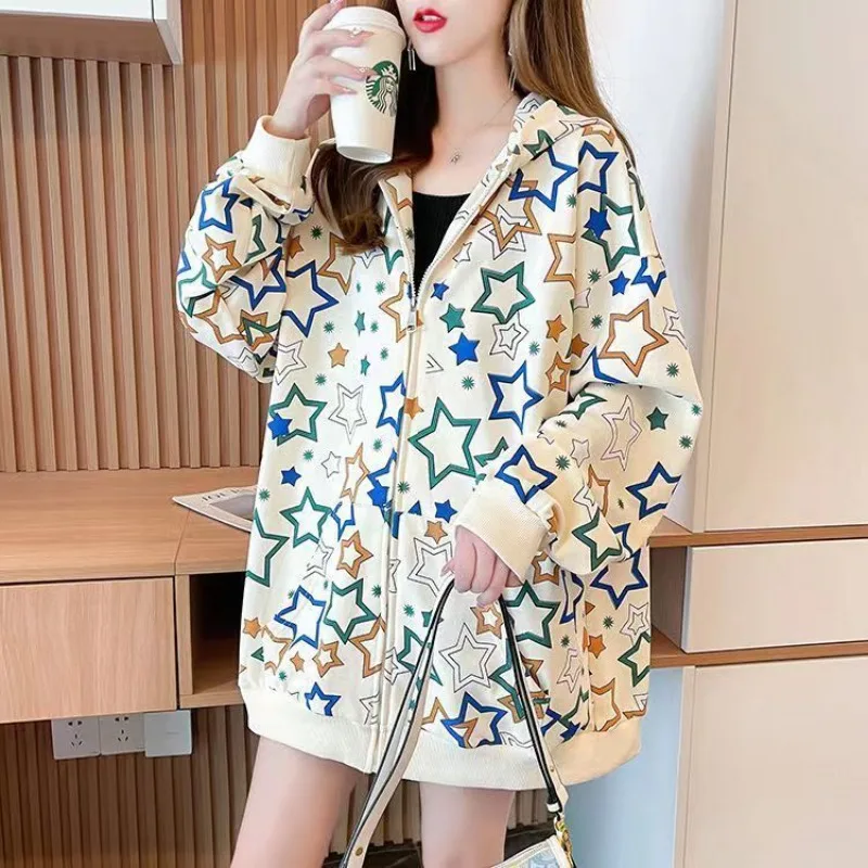 Stars Graphic Female Hooded Top Full Zip Up Coat Emo Korean Fashion Designer Matching Kpop Oversize Women's Hoodies Sweatshirts