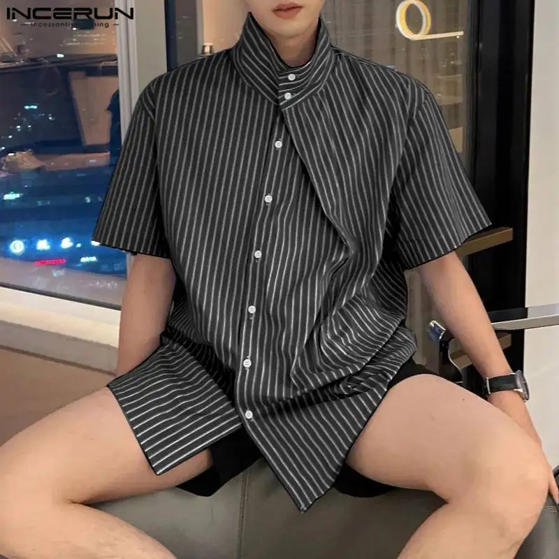 2024 Men Striped Shirt Stand Collar Short Sleeve Summer Streetwear Men Clothing Pleated Fashion Casual Male Shirts S-5XL INCERUN