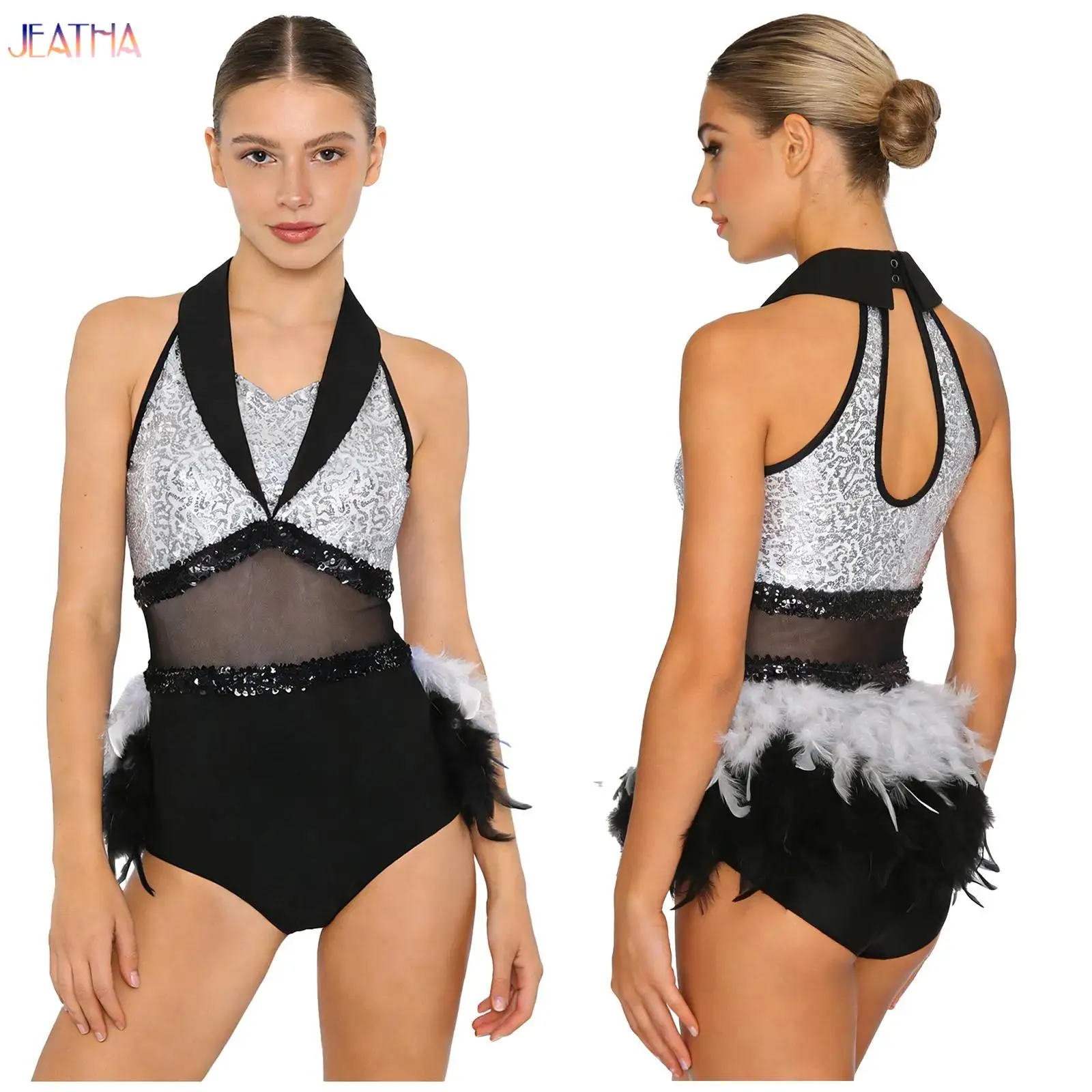 

Women Cha-cha Waltz Jazz Gymnastics Dance Performance Bodysuit Sleeveless Sheer Glittery Sequins Ballroom Modern Dance Costume