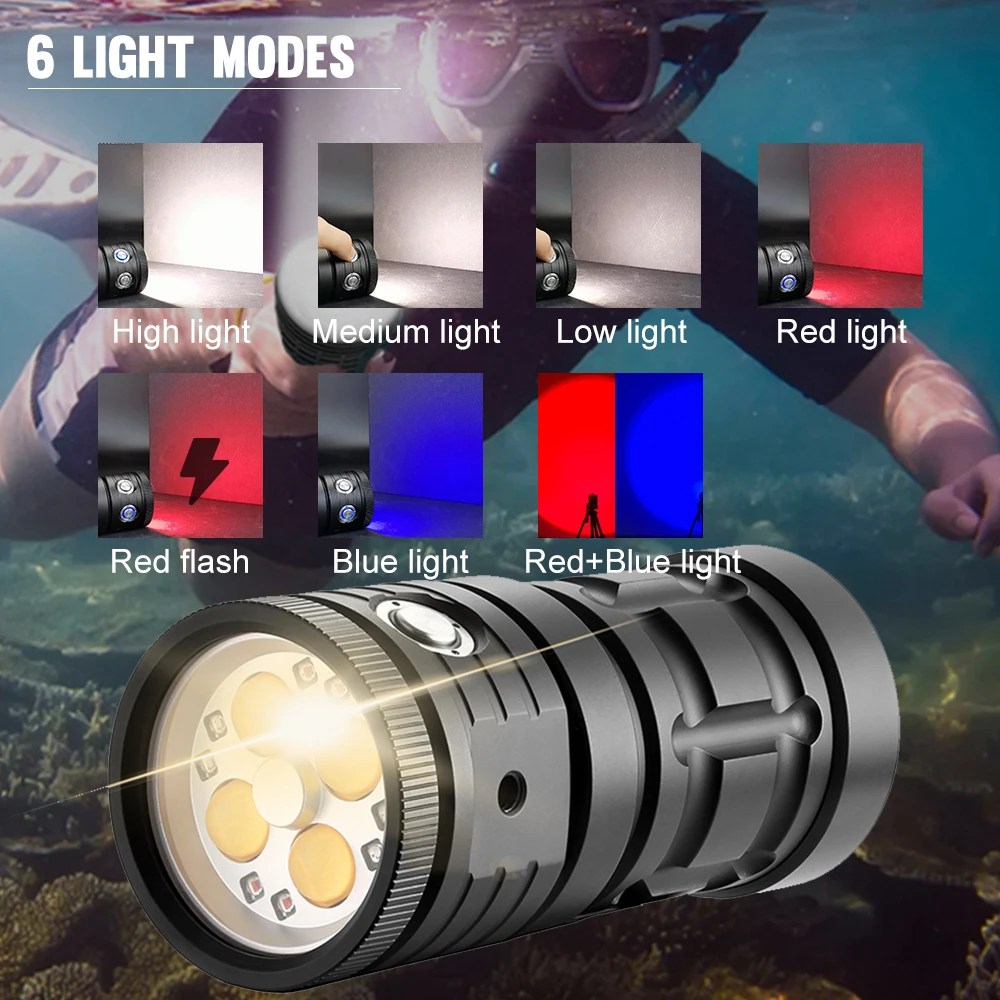 Asafee 100M Deep Diving Underwater Flashlight 120 Degree Luminous Fill Light Rechargeable Waterproof Lamp Dual Switch 3 Mode