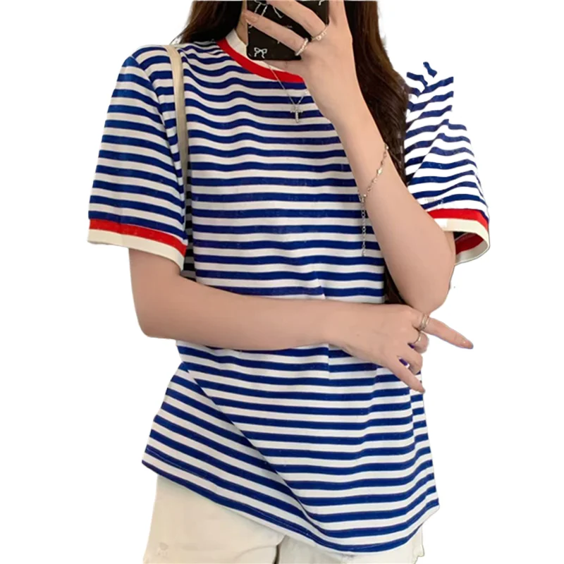 

Blue Retro Striped Short Sleeved T-shirt Women 2025 New Summer Preppy Style Loose Top ins Fashionable Round Neck Versatile Tee