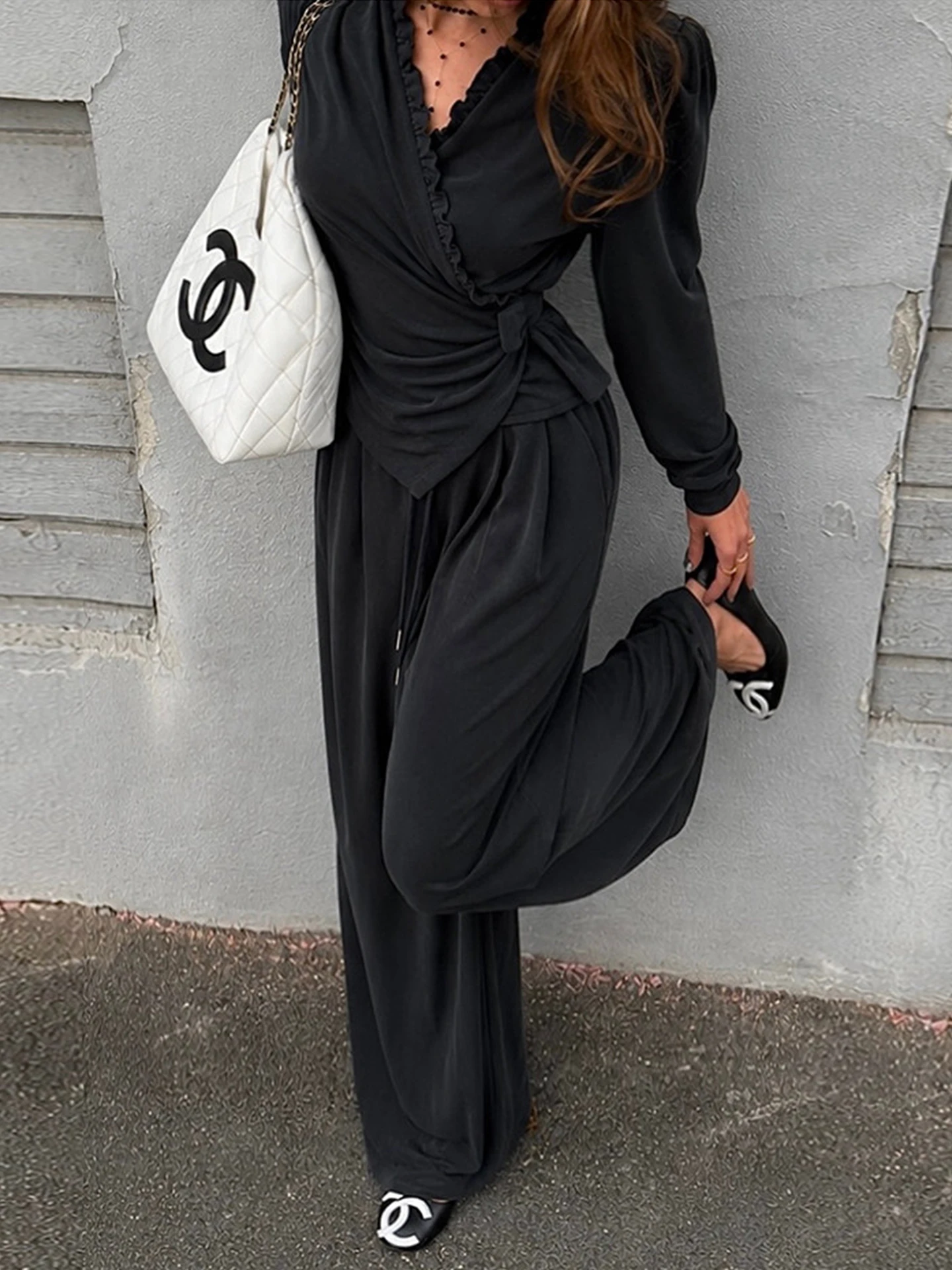 High Waist Wide Leg Casual Pants Women's Shirt Belted Asymmetrical Two-Piece Set Autumn Fashion Elegant Style Online Exclusive