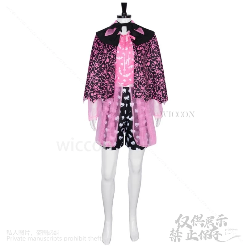 Anime Movie Monster Cosplay Dress High Girl Draculaura Costume Lolita Cos Pink Black Wig Halloween Women Fancy Roleplay Outfit