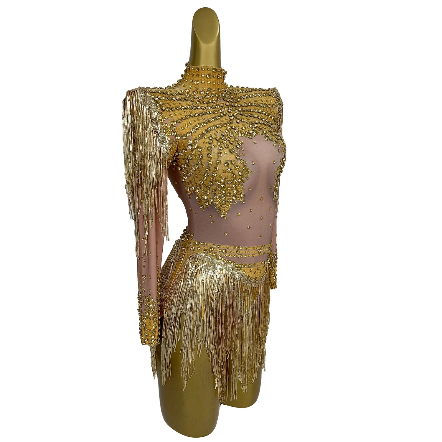 Xinniang Gold Sequins Tassel Elastic Bodysuit Sexy Pole Latin Dance Stage Wear Nightclub DJSinger Dancer Performance Costume