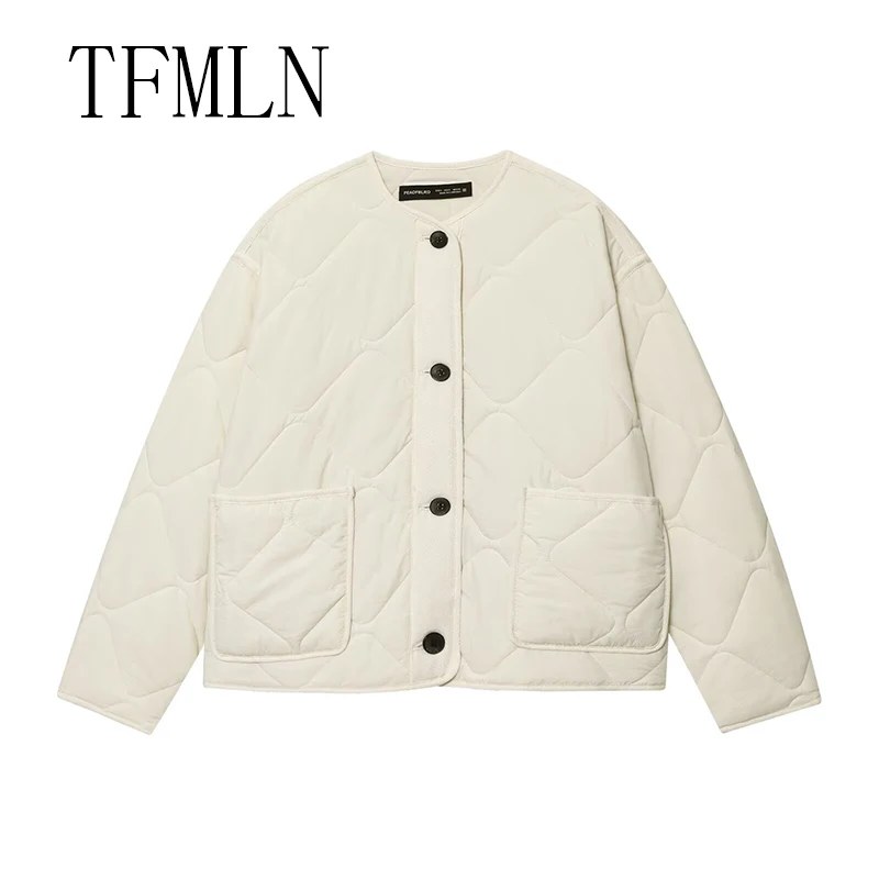 TFMLN المرأة الخريف سترة قطن 2025 جديد وصول خمر س الرقبة جيب كبير الزخرفية معطف مبطن للنساء #2