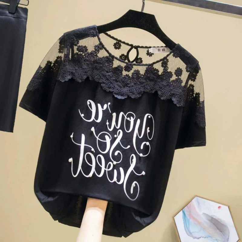 T Shirt for Women Baggy Short Sleeve Summer Outfit Graphic Tops Woman Mesh Lace Basic Youthful Clothes Clothing Pulovers Kpop