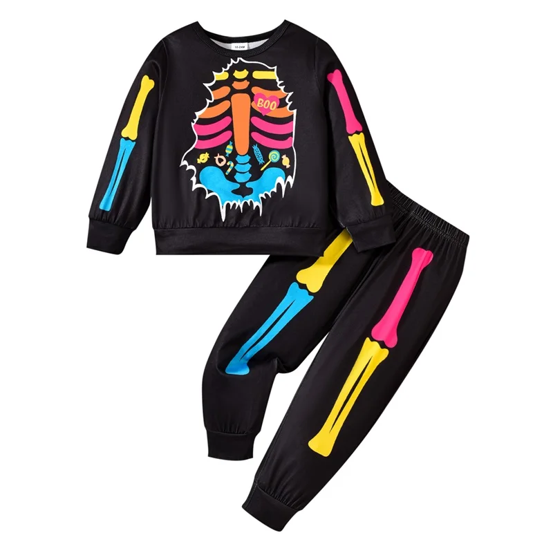 

Baby Boy Halloween Outfits Colorful Skeleton Print Long Sleeve Sweatshirt Trousers Set Toddler Fall Clothes