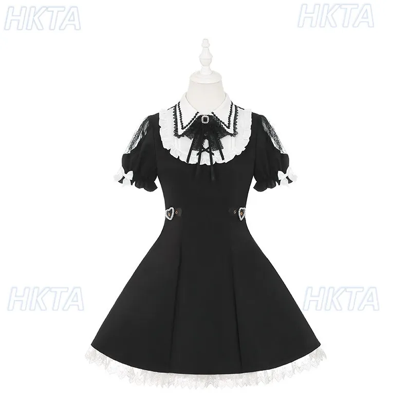 

Japanese Mass Produced Retro Lace Elegant Slim Lapel Bubble Short Sleeves Black Dress Sweet Temperament Waist Mini Dresses Women