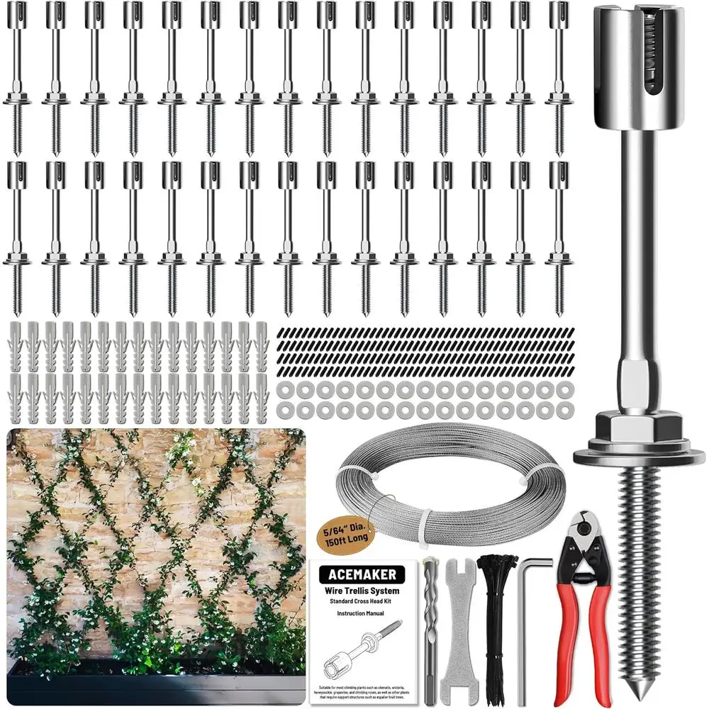 

30-Piece Outdoor Wall Wire Trellis Kit with 2mm Stainless Steel Cables for Garden DIY Projects