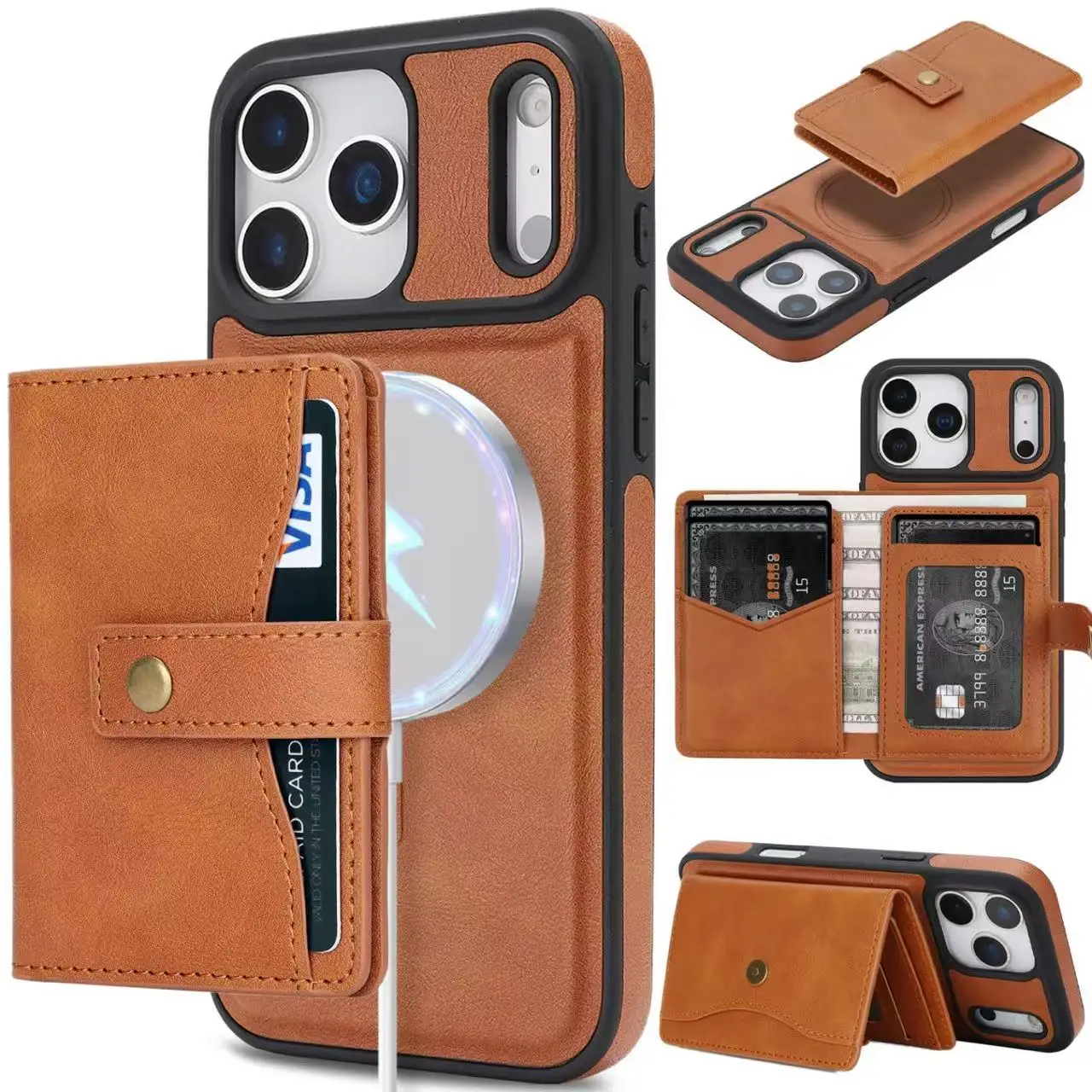 

Магнитный кожаный кошелек 2 в 1, чехол с держателем для карт для iPhone 17 Air 16 15 14 Plus 13 12 Pro Max, задняя крышка с беспроводной зарядкой