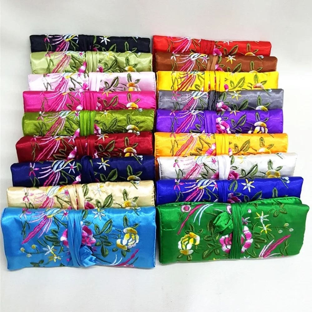 New Oriental Silk Jewelry Roll Wrap Scroll-type Object Brocade Storage Bag Jewelry Pouch Travel Storage