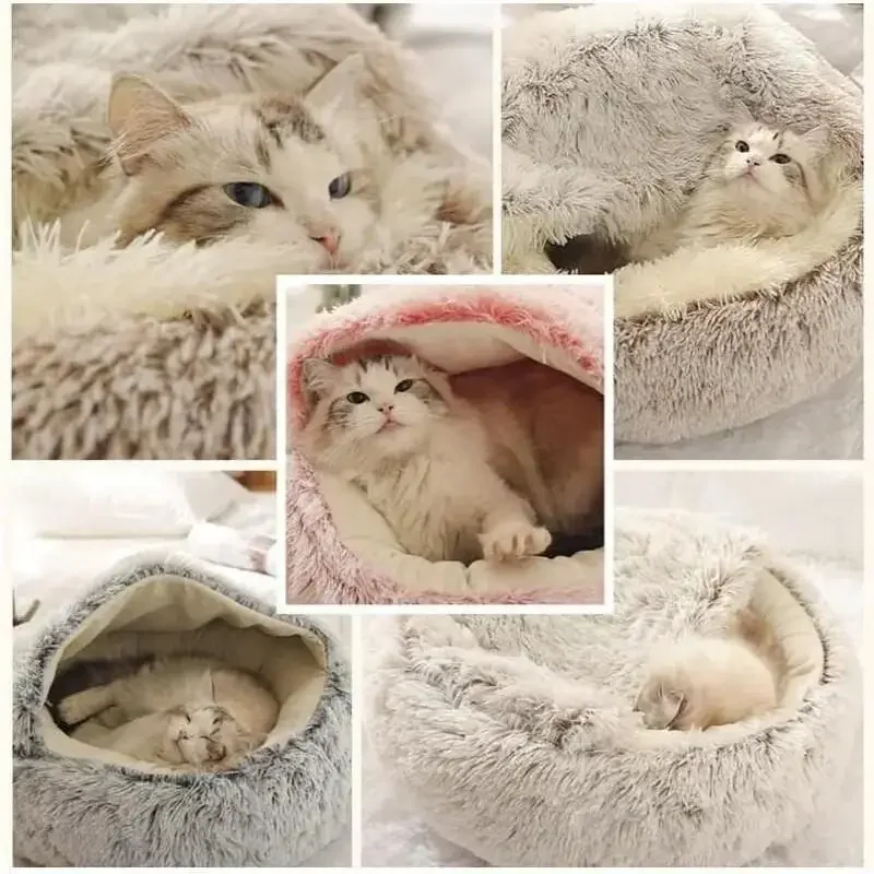 Cozy Round Pet Bed with Detachable Cover Dual-Purpose Warm Sleeping Nest and Cave for Small Dogs and Cats