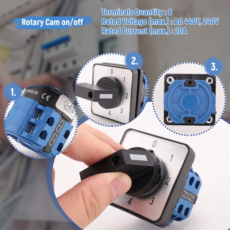 8 Terminals 5 Positions Master Control Rotary Cam Switch 20A Black+Blue-DTA9