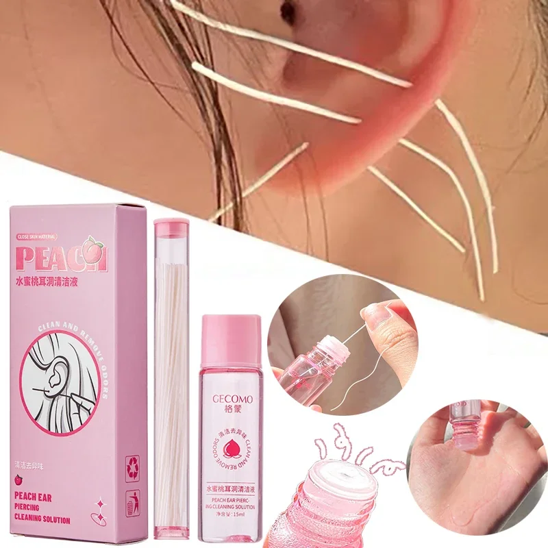 

Pierced Ear Cleaning Set Solution Peach Flavor Floss Cotton Thread Ear Hole Aftercare Tool Kit Disposable Earrings Hole Cleaner