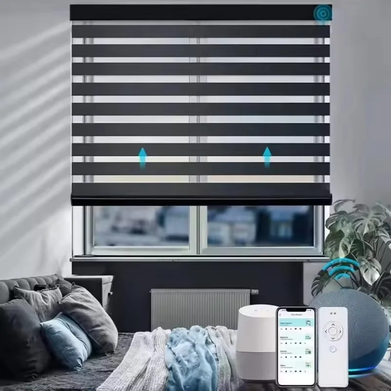 Motorized Smart Zebra Blinds, Custom 100% Blackout, Dual Layer Day and Night Fabric, WiFi APP & Remote Control Window Shades