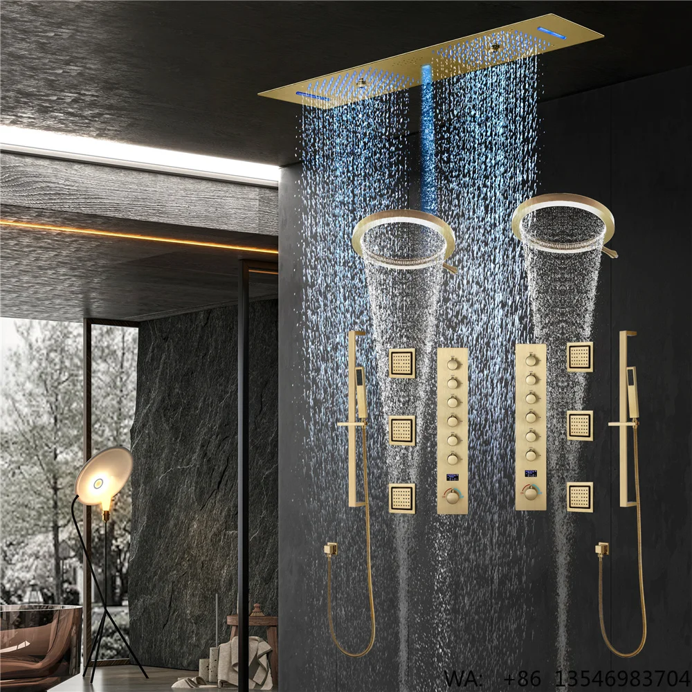 Wall Mount Hot&Cold Water Shower Faucet Temperature Display Rain&Waterfall 36x12 Inch Music LED Shower Head