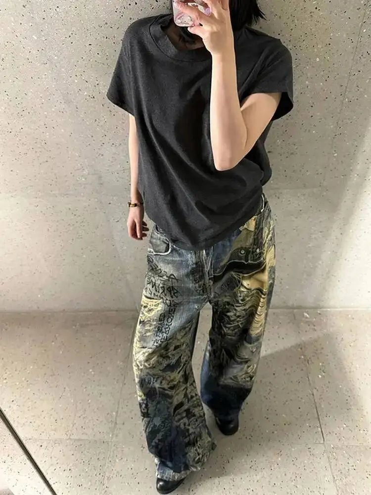 2026 Spring New Big code Design sense 3D color printing denim women's Streetwear Fashion Trousers 5ZD280U