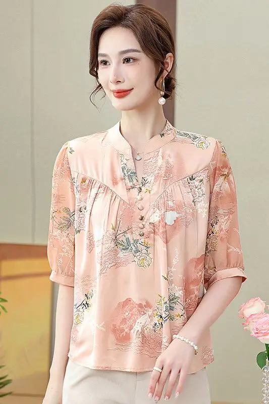 

Mid-sleeved V-neck Chiffon Women's Fashionable Noble Style T-shirt Fashion Top