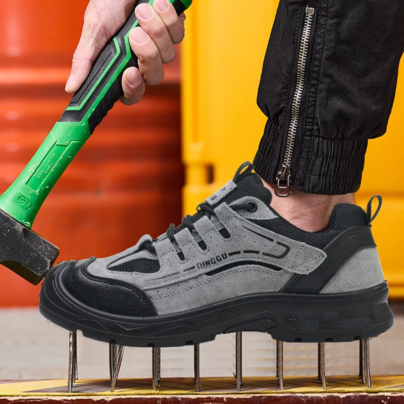 Men Anti Scald Spark Resistant Cowhide Safety Work Shoes Anti-smash Anti Puncture Work Sneakers Steel Toe Shoes Wear-resistant
