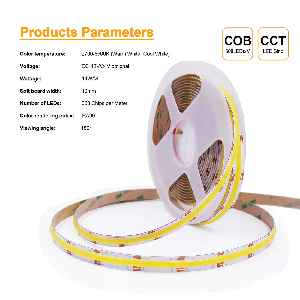 12V 24V COB CCT Led Strip Light Dimmable 608LEDs/m Elastyczna taśma LED Ciepła naturalna biel Dekoracja domu 0.5m 1m 2m 3m 4m 5m