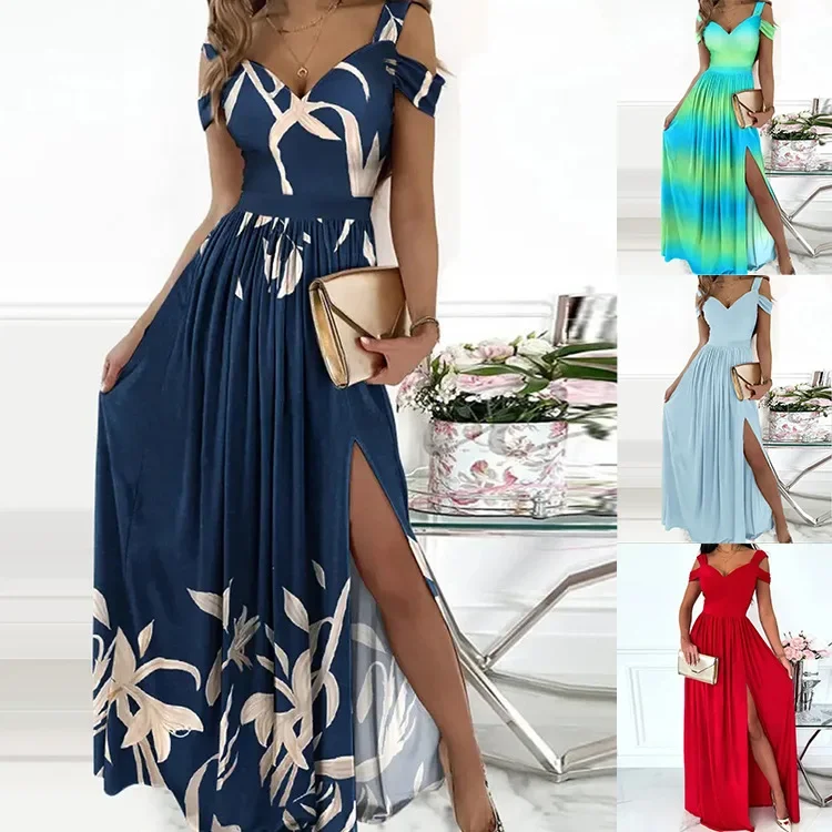 2024 burst European and American women's dress printed V-neck temperament sleeveless sexy slit dress