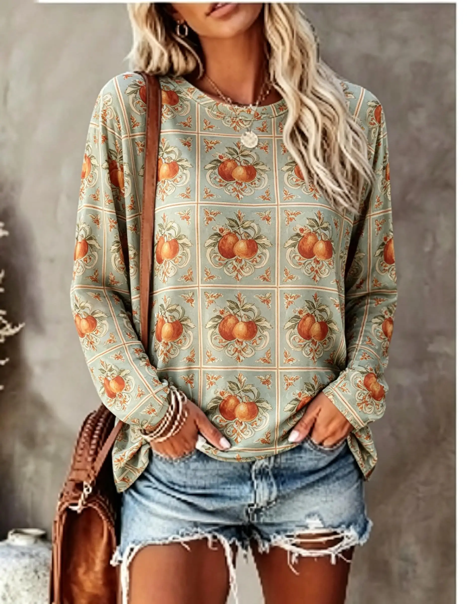 Women Long Sleeve T Shirt Blue White Portuguese Azulejo Tile Floral Print Crew Neck Casual Tops