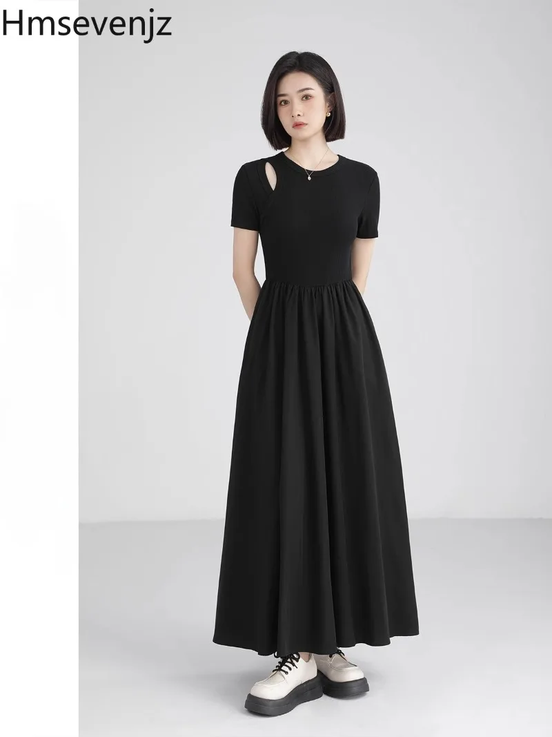 

Hmsevenjz French Patchwork Black Dress for Women's Spring Slim Fit O-neck Short-sleeved Long Dress Fashion Female Clothes