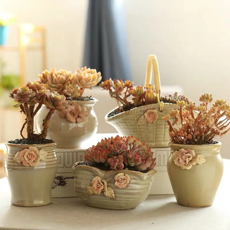 Korean Ins Pinch Flower Succulent Ceramic Pot Vintage Large-caliber Green Plant Basket Home Balcony Garden