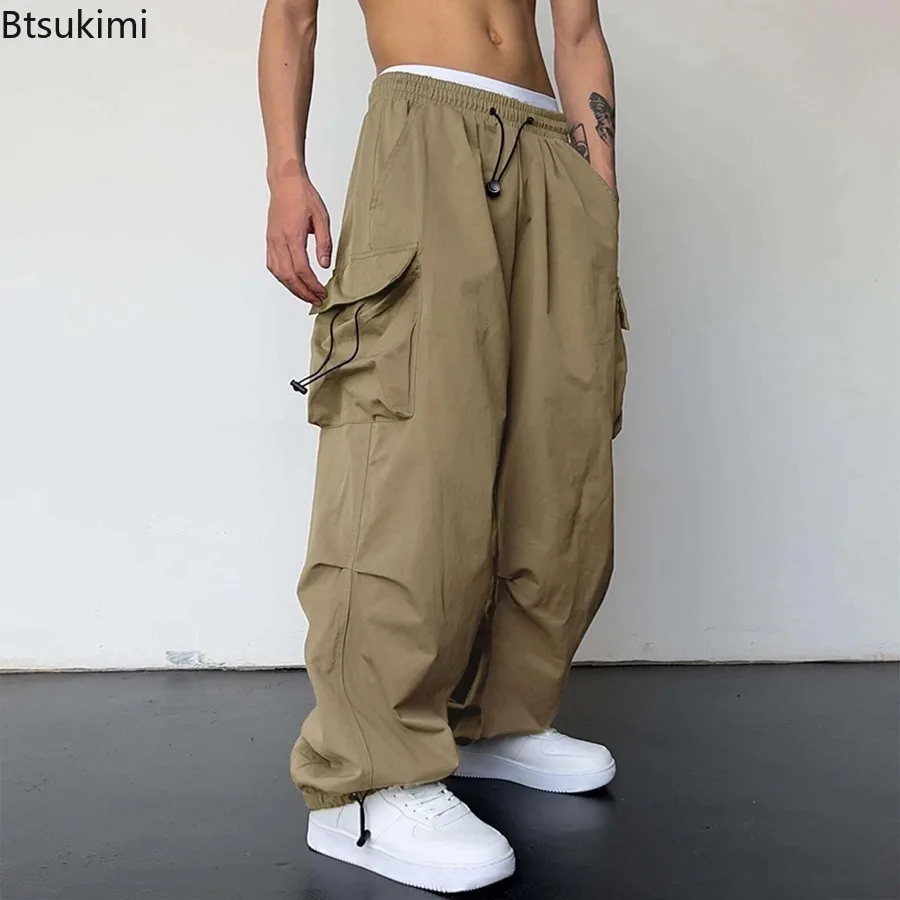 New Style Casual Pants Men's Multi Pocket Cargo Pants High Street Drawstring Workwear Trousers Men Loose Versatile Wide Leg Pant